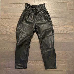 Leather cinched waist trousers with elastic waist band